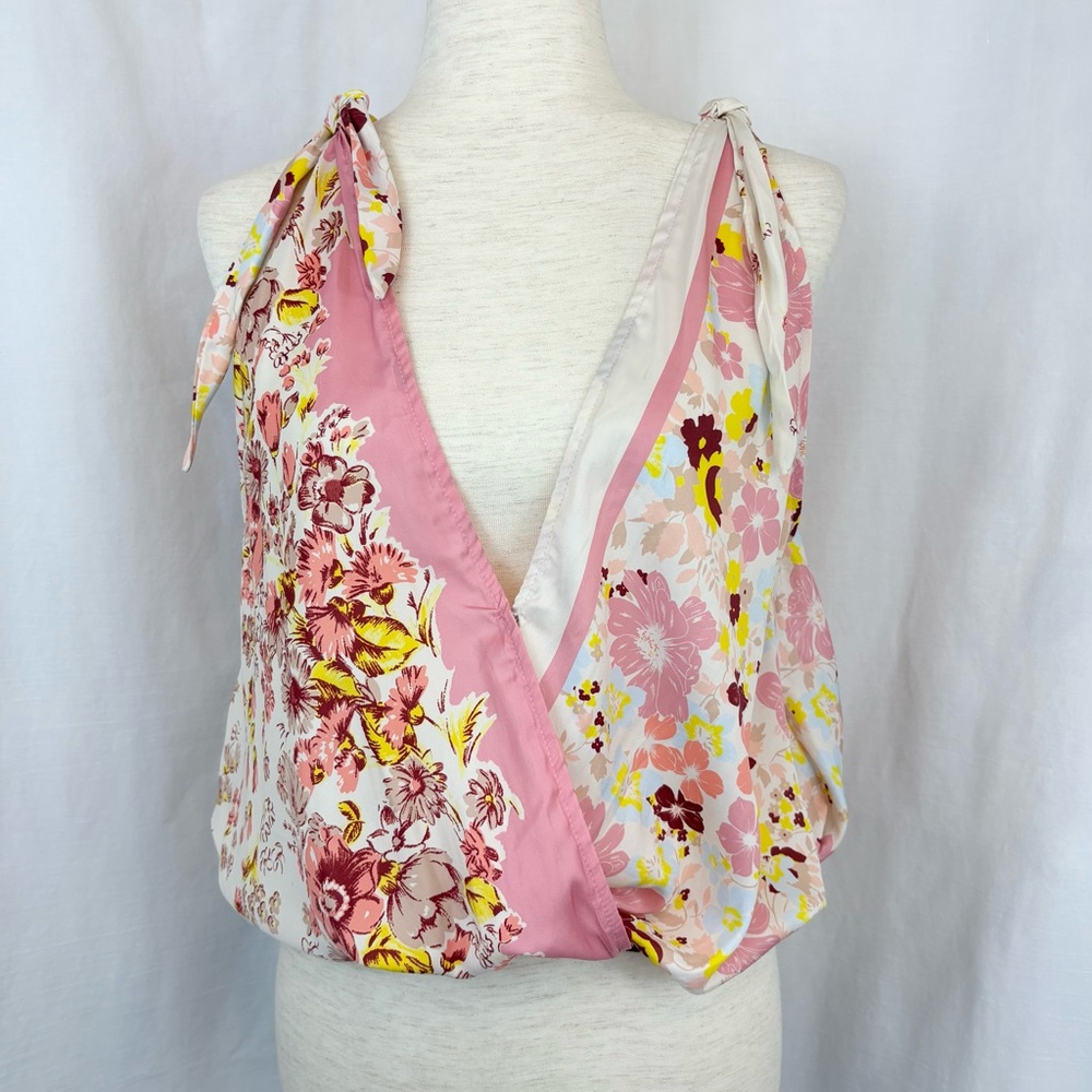 Free People Pink Floral Faux Wrap Blouse Small
